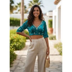 Pernia's Pop Up Shop Top Women's M Turquoise‎ Velvet Cowrie Shell Embellishment